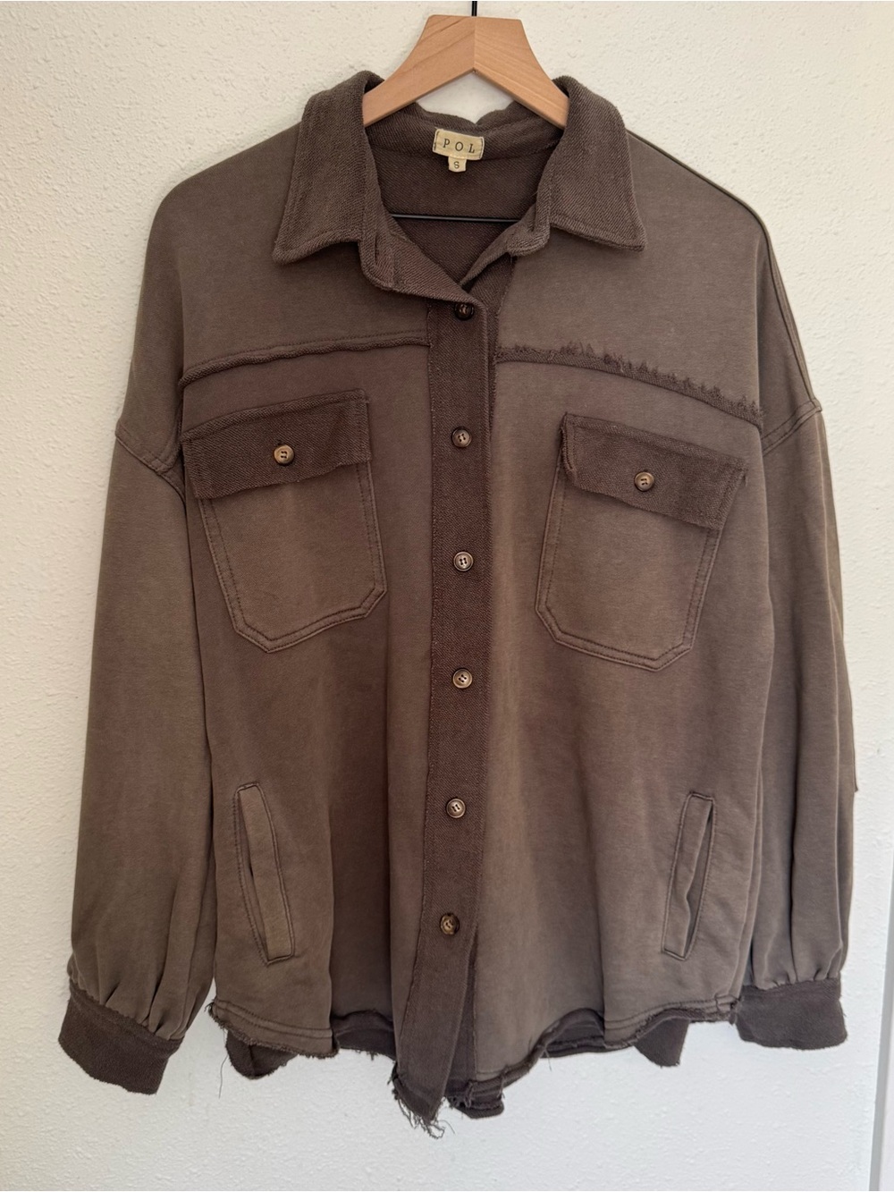 POL Women's Shirt Jacket in Olive/Brown with Button Front Size Small